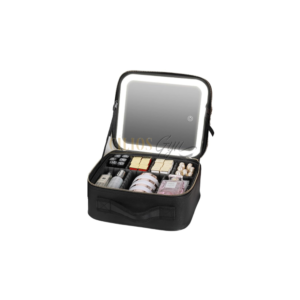BOLSA DE MAQUIAGEM C/ DIVISORIAS AJUSTAVEIS E ESPELHO COM LED PRETA