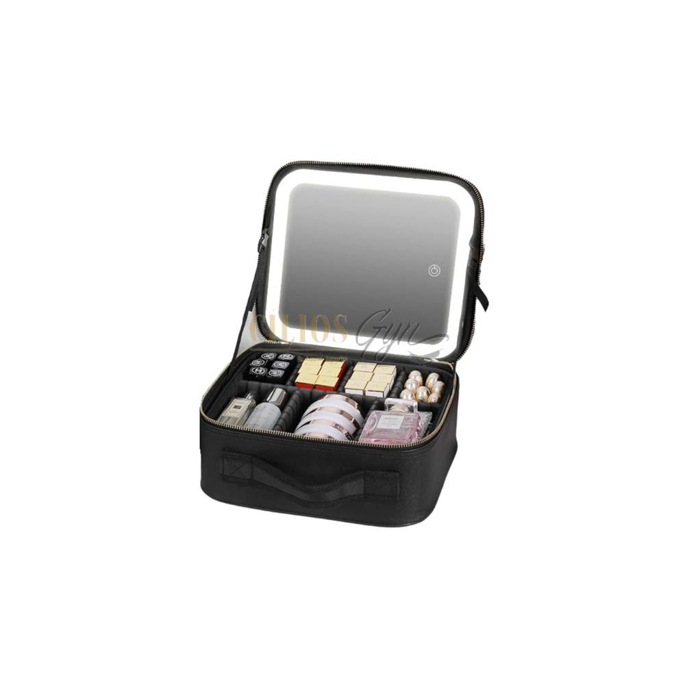 BOLSA DE MAQUIAGEM C/ DIVISORIAS AJUSTAVEIS E ESPELHO COM LED PRETA